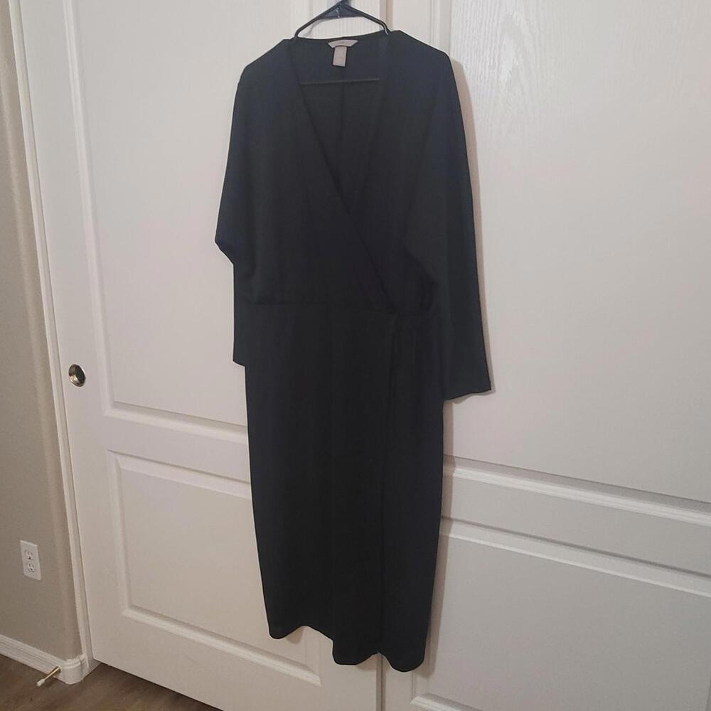 NEW H&M Black Satin Long Sleeve Wrap Midi Dress Womens Plus Size XXL